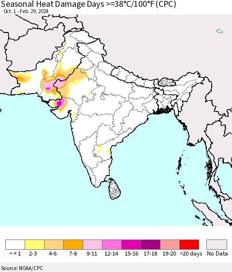 Southern Asia Seasonal Heat Damage Days >=38°C/100°F (CPC) Thematic Map For 10/1/2023 - 2/29/2024