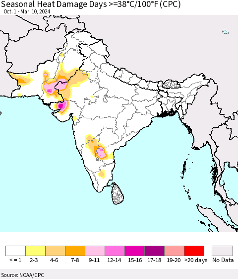 Southern Asia Seasonal Heat Damage Days >=38°C/100°F (CPC) Thematic Map For 10/1/2023 - 3/10/2024