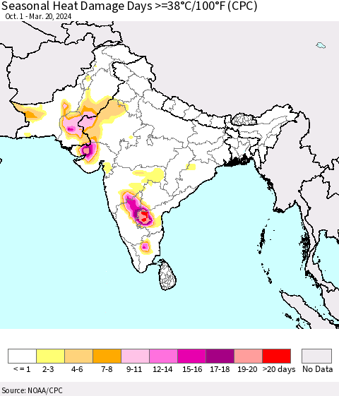 Southern Asia Seasonal Heat Damage Days >=38°C/100°F (CPC) Thematic Map For 10/1/2023 - 3/20/2024