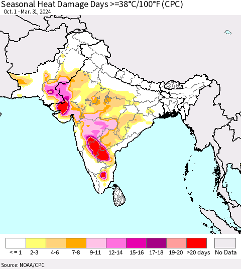 Southern Asia Seasonal Heat Damage Days >=38°C/100°F (CPC) Thematic Map For 10/1/2023 - 3/31/2024