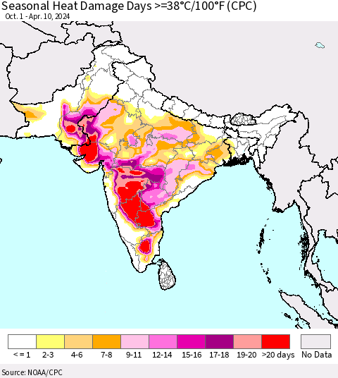 Southern Asia Seasonal Heat Damage Days >=38°C/100°F (CPC) Thematic Map For 10/1/2023 - 4/10/2024