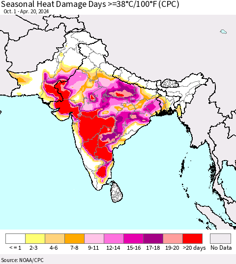 Southern Asia Seasonal Heat Damage Days >=38°C/100°F (CPC) Thematic Map For 10/1/2023 - 4/20/2024