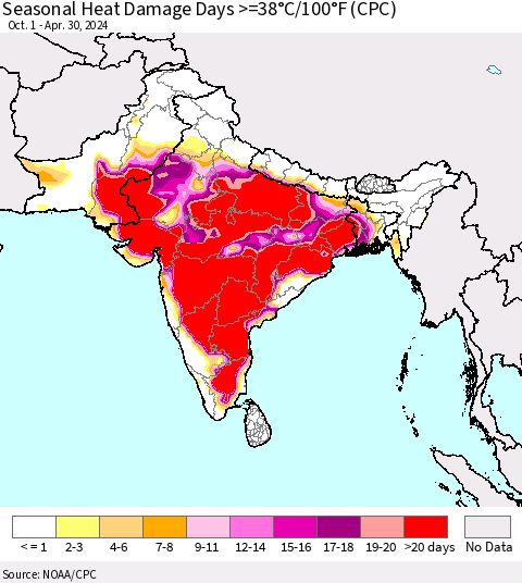 Southern Asia Seasonal Heat Damage Days >=38°C/100°F (CPC) Thematic Map For 10/1/2023 - 4/30/2024