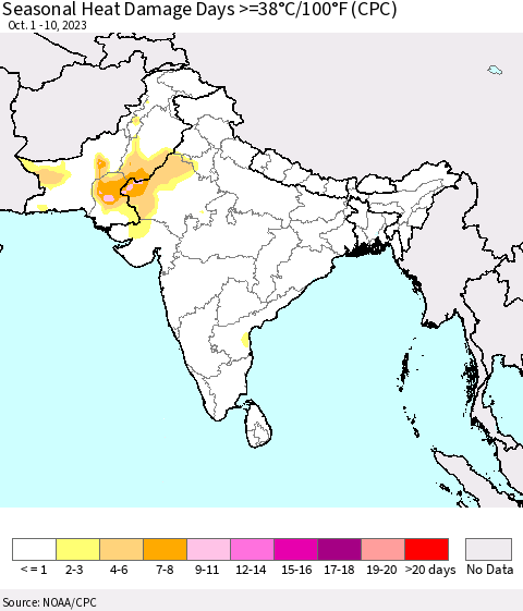 Southern Asia Seasonal Heat Damage Days >=38°C/100°F (CPC) Thematic Map For 10/1/2023 - 10/10/2023