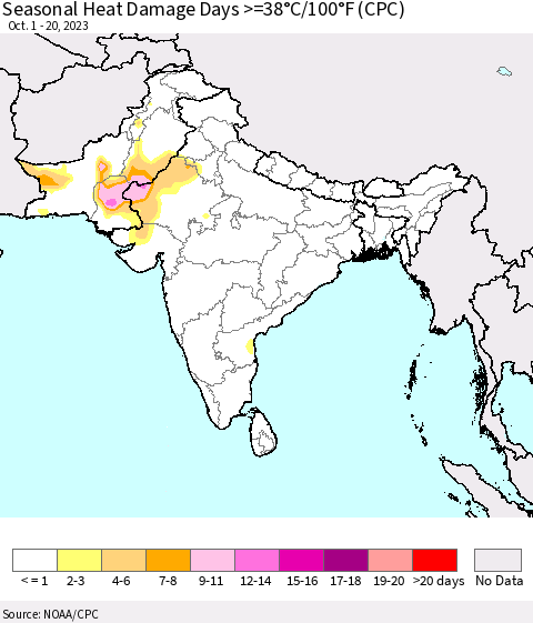 Southern Asia Seasonal Heat Damage Days >=38°C/100°F (CPC) Thematic Map For 10/1/2023 - 10/20/2023