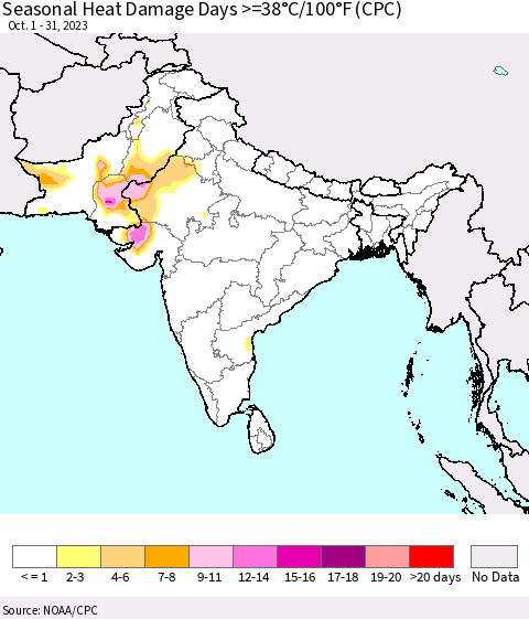 Southern Asia Seasonal Heat Damage Days >=38°C/100°F (CPC) Thematic Map For 10/1/2023 - 10/31/2023