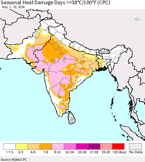 Southern Asia Seasonal Heat Damage Days >=38°C/100°F (CPC) Thematic Map For 5/1/2024 - 5/10/2024