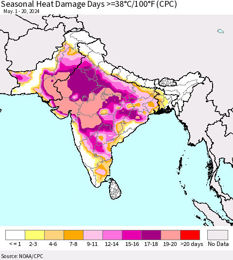 Southern Asia Seasonal Heat Damage Days >=38°C/100°F (CPC) Thematic Map For 5/1/2024 - 5/20/2024