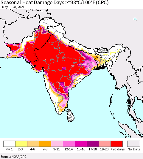 Southern Asia Seasonal Heat Damage Days >=38°C/100°F (CPC) Thematic Map For 5/1/2024 - 5/31/2024