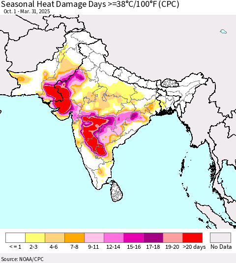 Southern Asia Seasonal Heat Damage Days >=38°C/100°F (CPC) Thematic Map For 10/1/2024 - 3/31/2025