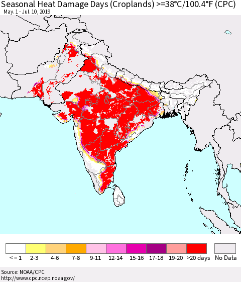 Southern Asia Seasonal Heat Damage Days (Croplands) >=38°C/100.4°F (CPC) Thematic Map For 5/1/2019 - 7/10/2019