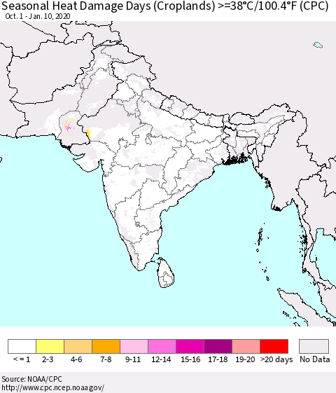 Southern Asia Seasonal Heat Damage Days (Croplands) >=38°C/100.4°F (CPC) Thematic Map For 10/1/2019 - 1/10/2020
