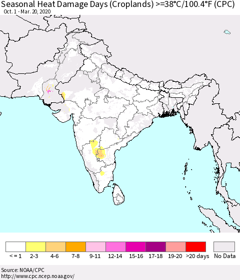 Southern Asia Seasonal Heat Damage Days (Croplands) >=38°C/100°F (CPC) Thematic Map For 10/1/2019 - 3/20/2020