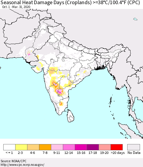 Southern Asia Seasonal Heat Damage Days (Croplands) >=38°C/100.4°F (CPC) Thematic Map For 10/1/2019 - 3/31/2020
