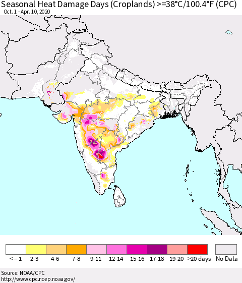 Southern Asia Seasonal Heat Damage Days (Croplands) >=38°C/100°F (CPC) Thematic Map For 10/1/2019 - 4/10/2020
