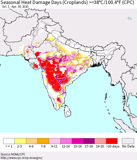 Southern Asia Seasonal Heat Damage Days (Croplands) >=38°C/100.4°F (CPC) Thematic Map For 10/1/2019 - 4/30/2020