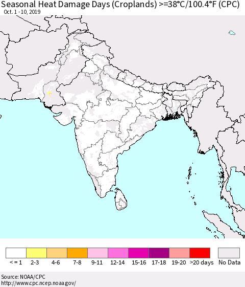 Southern Asia Seasonal Heat Damage Days (Croplands) >=38°C/100°F (CPC) Thematic Map For 10/1/2019 - 10/10/2019