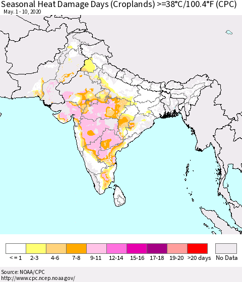Southern Asia Seasonal Heat Damage Days (Croplands) >=38°C/100°F (CPC) Thematic Map For 5/1/2020 - 5/10/2020