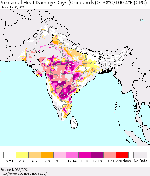 Southern Asia Seasonal Heat Damage Days (Croplands) >=38°C/100.4°F (CPC) Thematic Map For 5/1/2020 - 5/20/2020