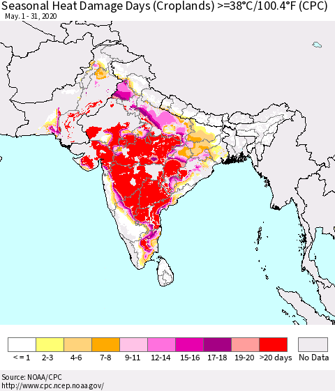 Southern Asia Seasonal Heat Damage Days (Croplands) >=38°C/100°F (CPC) Thematic Map For 5/1/2020 - 5/31/2020