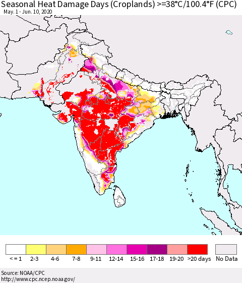 Southern Asia Seasonal Heat Damage Days (Croplands) >=38°C/100°F (CPC) Thematic Map For 5/1/2020 - 6/10/2020