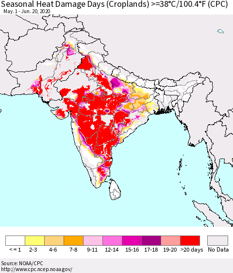 Southern Asia Seasonal Heat Damage Days (Croplands) >=38°C/100°F (CPC) Thematic Map For 5/1/2020 - 6/20/2020