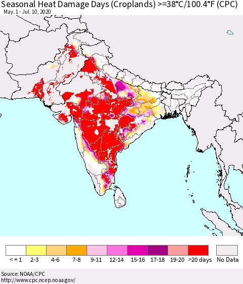 Southern Asia Seasonal Heat Damage Days (Croplands) >=38°C/100°F (CPC) Thematic Map For 5/1/2020 - 7/10/2020
