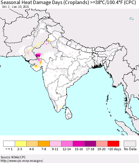 Southern Asia Seasonal Heat Damage Days (Croplands) >=38°C/100°F (CPC) Thematic Map For 10/1/2020 - 1/10/2021