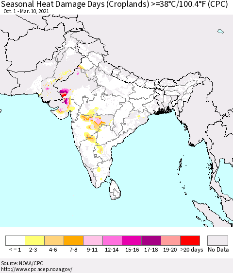 Southern Asia Seasonal Heat Damage Days (Croplands) >=38°C/100°F (CPC) Thematic Map For 10/1/2020 - 3/10/2021