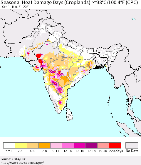 Southern Asia Seasonal Heat Damage Days (Croplands) >=38°C/100°F (CPC) Thematic Map For 10/1/2020 - 3/31/2021