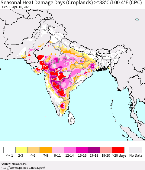 Southern Asia Seasonal Heat Damage Days (Croplands) >=38°C/100°F (CPC) Thematic Map For 10/1/2020 - 4/10/2021