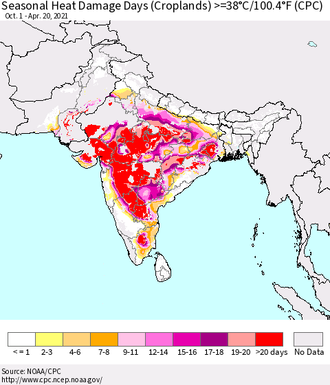 Southern Asia Seasonal Heat Damage Days (Croplands) >=38°C/100°F (CPC) Thematic Map For 10/1/2020 - 4/20/2021