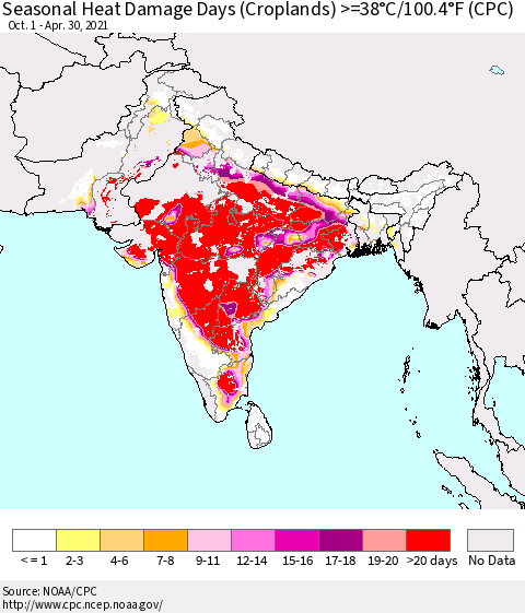 Southern Asia Seasonal Heat Damage Days (Croplands) >=38°C/100°F (CPC) Thematic Map For 10/1/2020 - 4/30/2021
