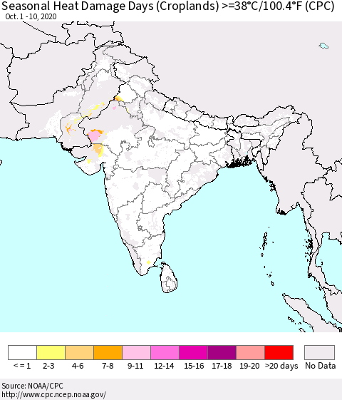Southern Asia Seasonal Heat Damage Days (Croplands) >=38°C/100°F (CPC) Thematic Map For 10/1/2020 - 10/10/2020