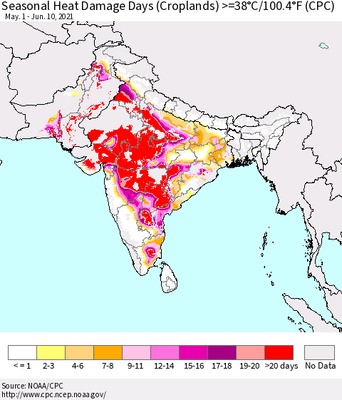 Southern Asia Seasonal Heat Damage Days (Croplands) >=38°C/100°F (CPC) Thematic Map For 5/1/2021 - 6/10/2021