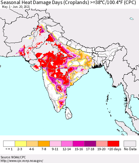 Southern Asia Seasonal Heat Damage Days (Croplands) >=38°C/100°F (CPC) Thematic Map For 5/1/2021 - 6/20/2021