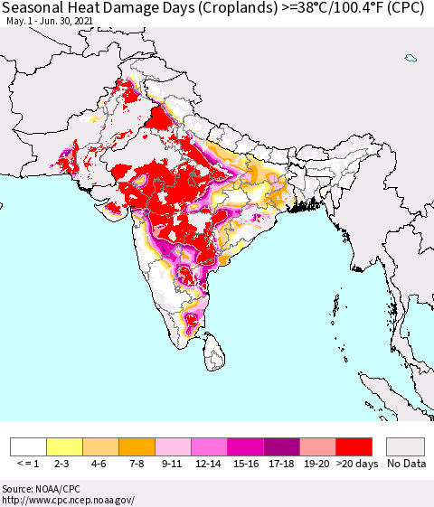Southern Asia Seasonal Heat Damage Days (Croplands) >=38°C/100°F (CPC) Thematic Map For 5/1/2021 - 6/30/2021