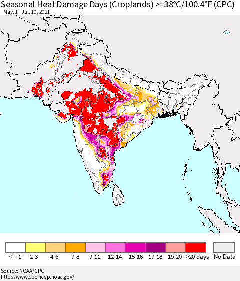 Southern Asia Seasonal Heat Damage Days (Croplands) >=38°C/100°F (CPC) Thematic Map For 5/1/2021 - 7/10/2021