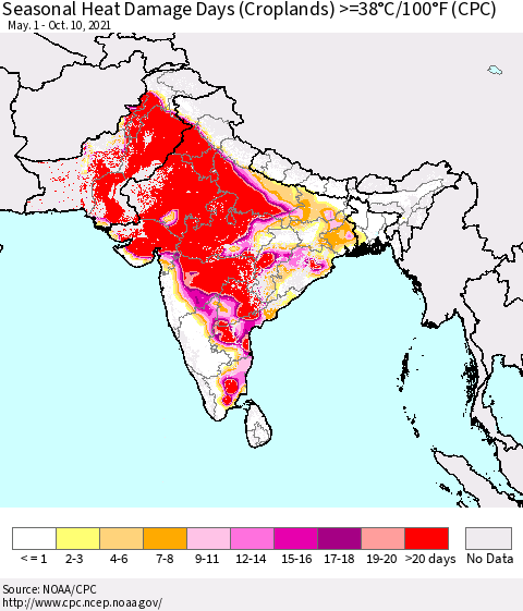 Southern Asia Seasonal Heat Damage Days (Croplands) >=38°C/100.4°F (CPC) Thematic Map For 5/1/2021 - 10/10/2021