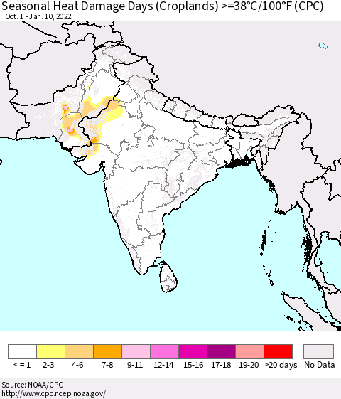 Southern Asia Seasonal Heat Damage Days (Croplands) >=38°C/100°F (CPC) Thematic Map For 10/1/2021 - 1/10/2022
