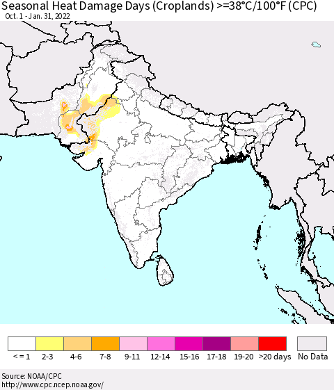 Southern Asia Seasonal Heat Damage Days (Croplands) >=38°C/100°F (CPC) Thematic Map For 10/1/2021 - 1/31/2022
