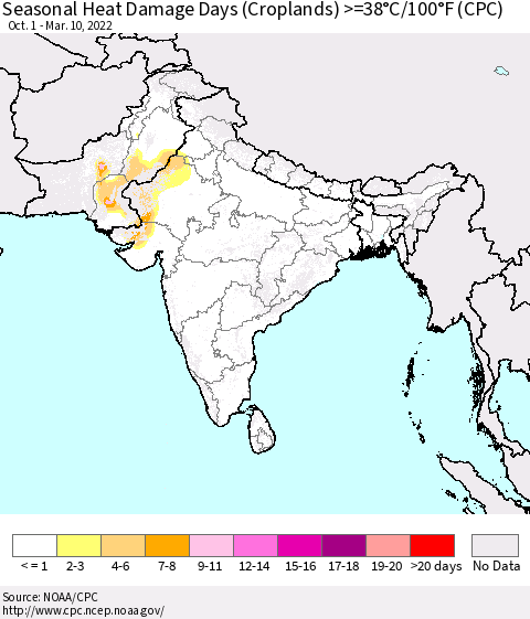 Southern Asia Seasonal Heat Damage Days (Croplands) >=38°C/100°F (CPC) Thematic Map For 10/1/2021 - 3/10/2022