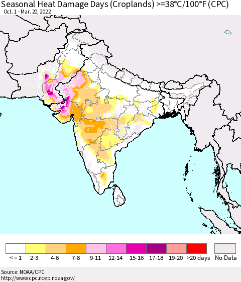 Southern Asia Seasonal Heat Damage Days (Croplands) >=38°C/100°F (CPC) Thematic Map For 10/1/2021 - 3/20/2022