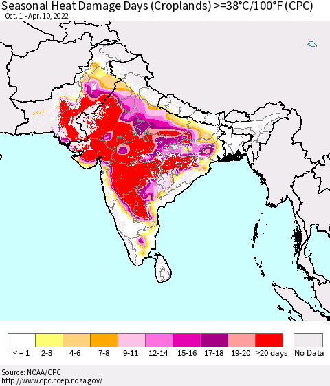 Southern Asia Seasonal Heat Damage Days (Croplands) >=38°C/100°F (CPC) Thematic Map For 10/1/2021 - 4/10/2022