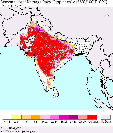 Southern Asia Seasonal Heat Damage Days (Croplands) >=38°C/100°F (CPC) Thematic Map For 10/1/2021 - 4/20/2022