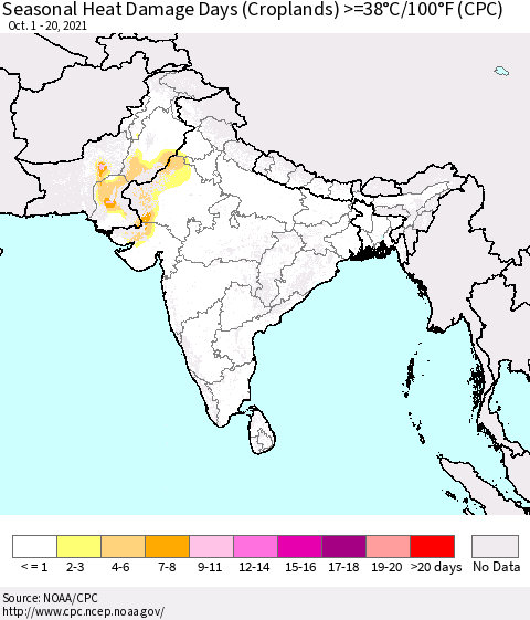Southern Asia Seasonal Heat Damage Days (Croplands) >=38°C/100°F (CPC) Thematic Map For 10/1/2021 - 10/20/2021