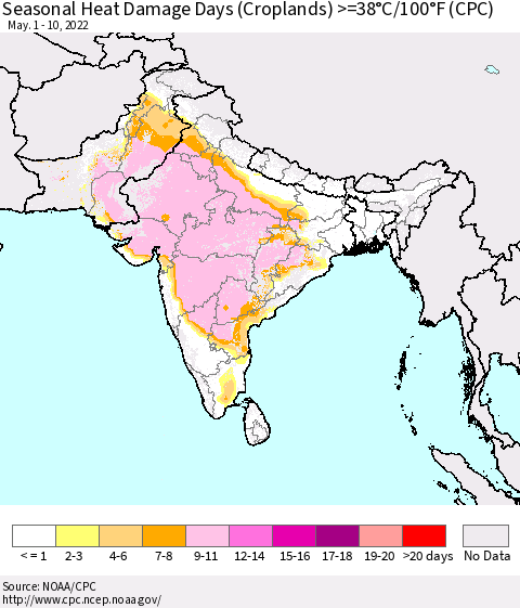 Southern Asia Seasonal Heat Damage Days (Croplands) >=38°C/100°F (CPC) Thematic Map For 5/1/2022 - 5/10/2022