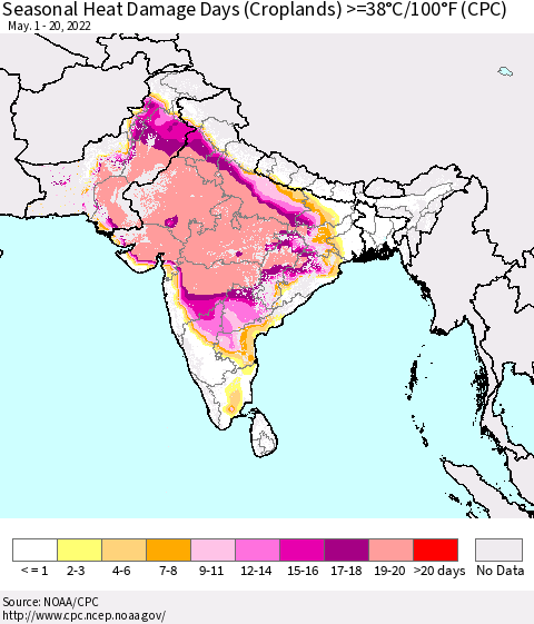 Southern Asia Seasonal Heat Damage Days (Croplands) >=38°C/100°F (CPC) Thematic Map For 5/1/2022 - 5/20/2022