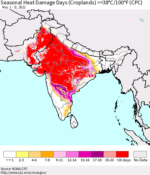 Southern Asia Seasonal Heat Damage Days (Croplands) >=38°C/100.4°F (CPC) Thematic Map For 5/1/2022 - 5/31/2022