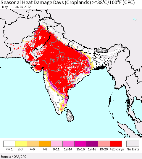 Southern Asia Seasonal Heat Damage Days (Croplands) >=38°C/100°F (CPC) Thematic Map For 5/1/2022 - 6/25/2022